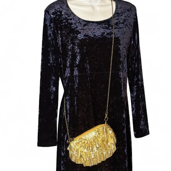 Shimmering Gold Mesh Evening Bag Zip Clutch Crossbody Glam Satin Chain Strap - Picture 2 of 10